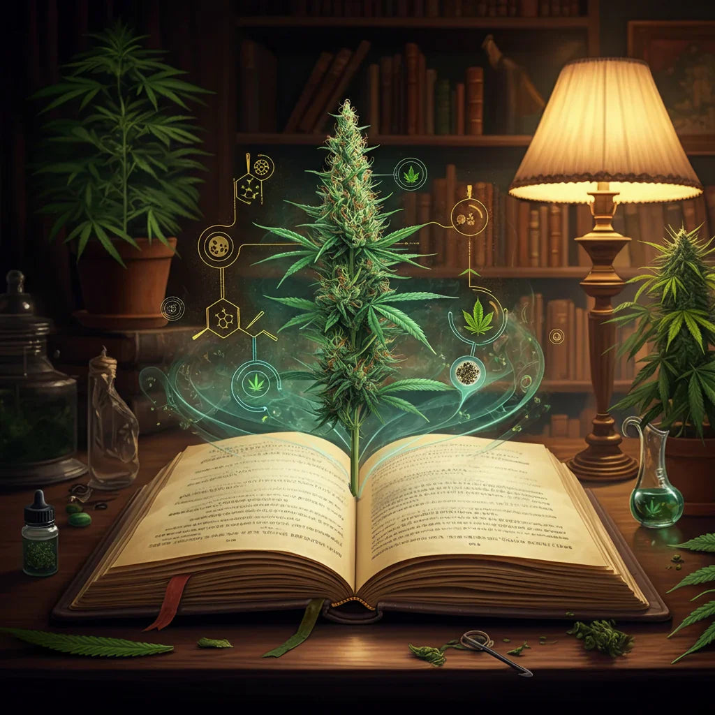 An image of a guide to terpenes printed in a large book on a desk.