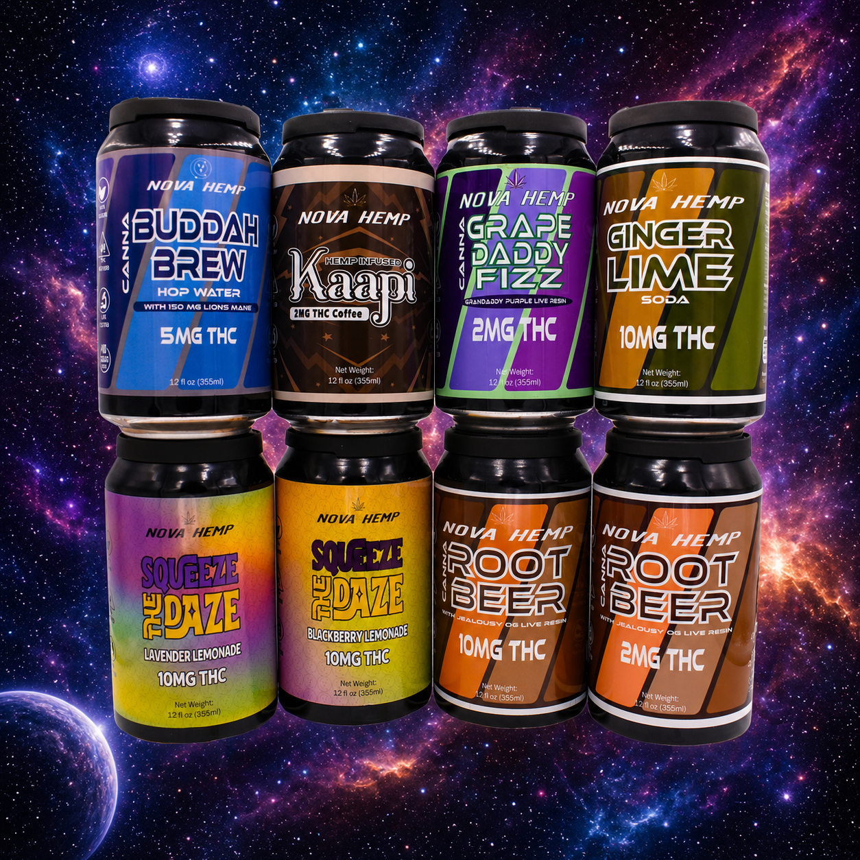 Eight cans of NOVA HEMP drinks, including Buddah Brew, Kaapi, Grape Daddy Fizz, Ginger Lime, and two Squeeze the Daze flavors.