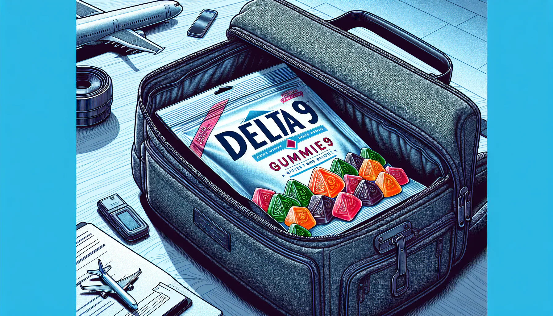Illustration of Delta 9 gummies in original packaging in a carry-on bag