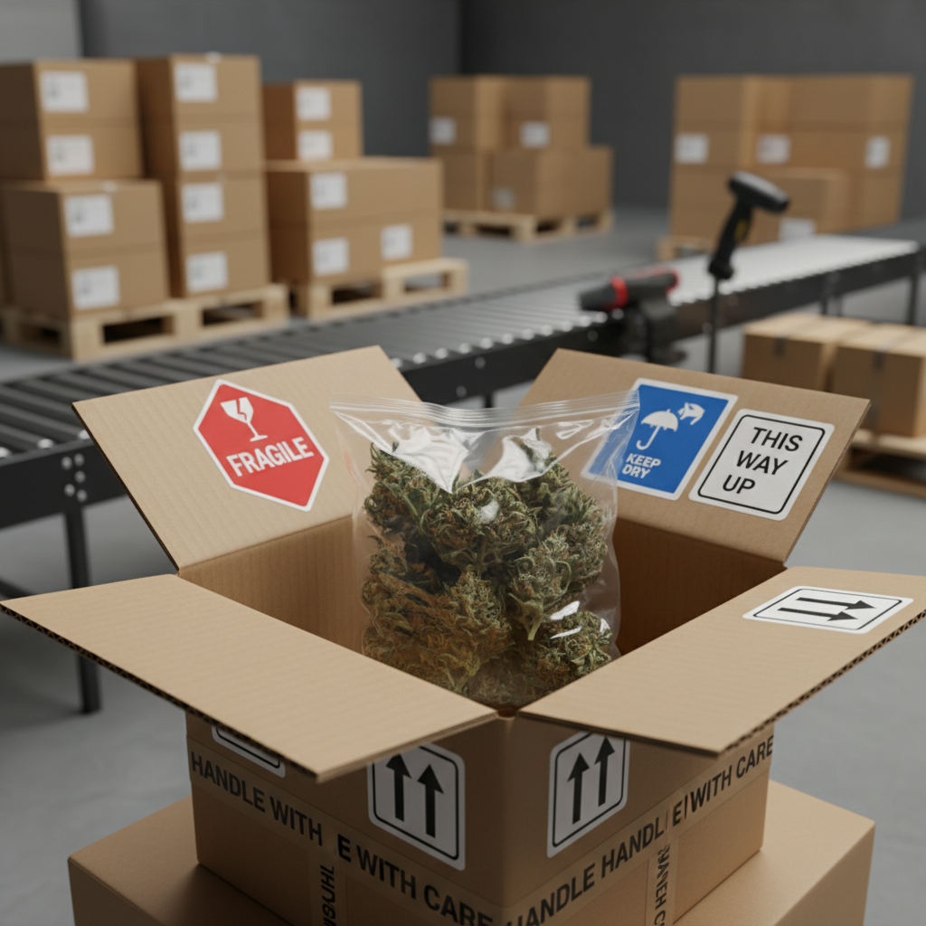 An open cardboard box with a clear bag of green herbs inside. Labels say 'Fragile', 'Keep Dry', and 'This Way Up'.