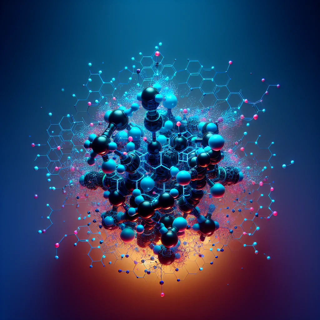A vibrant 3D molecular structure representation of THCV, with colorful atomic bonds and hexagonal patterns, symbolizing the scientific complexity and research behind the cannabinoid.