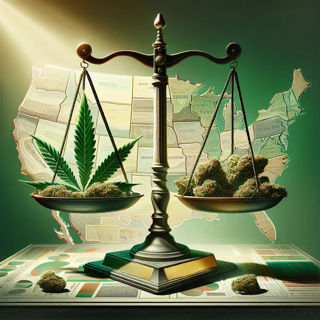 A scale balancing a cannabis leaf and cannabis buds in front of a U.S. map, representing the question: is THCv legal?