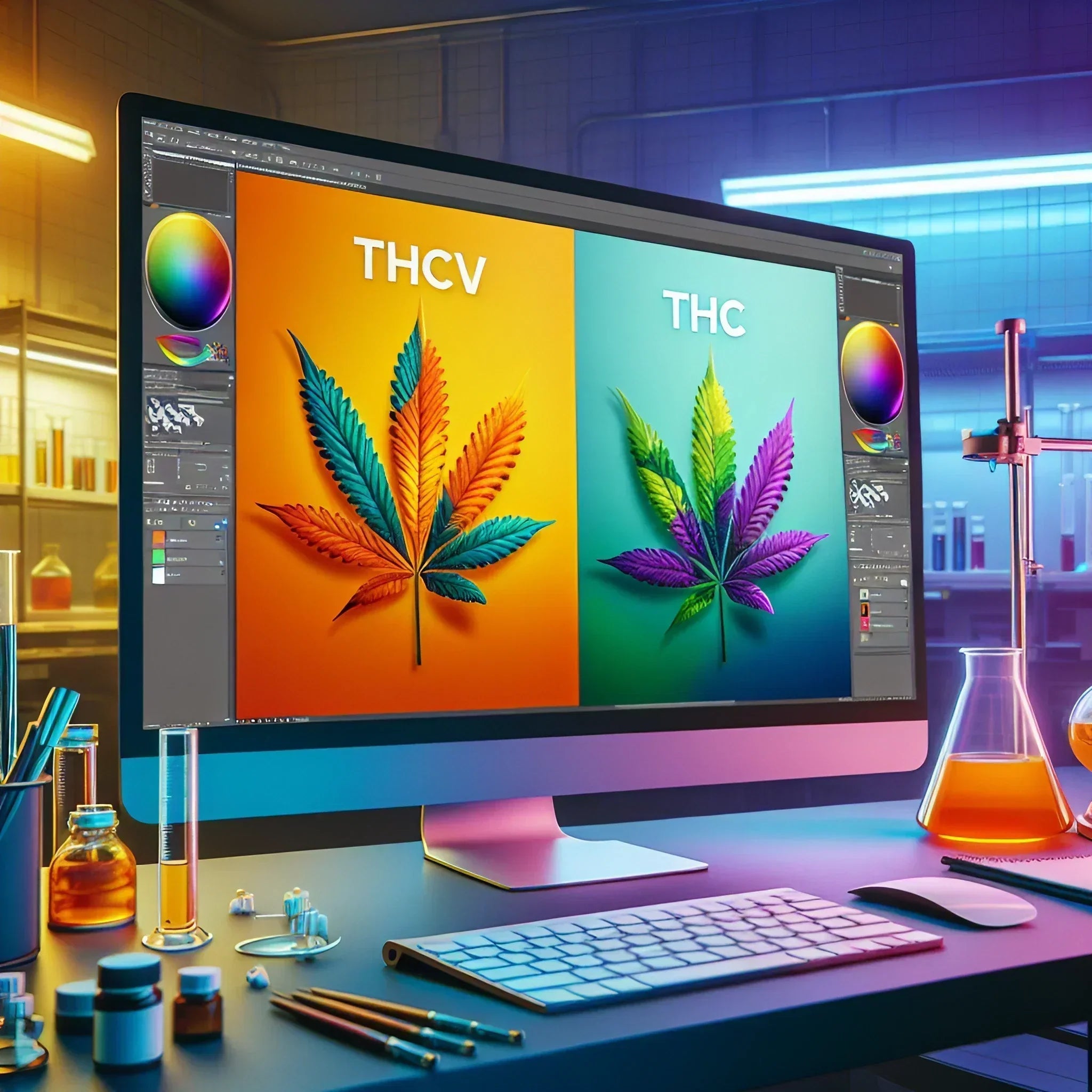 A computer screen showing a comparison between THCV and THC. The research on the screen is, answering the question "Is THCV Stronger Than THC?