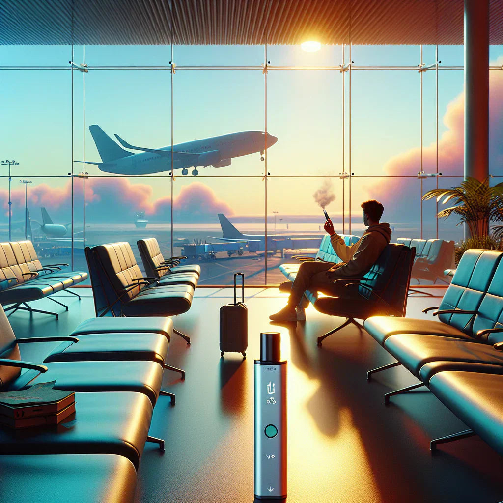 An image of an individual in an airport with a vape wondering “can you fly with THCa vape?