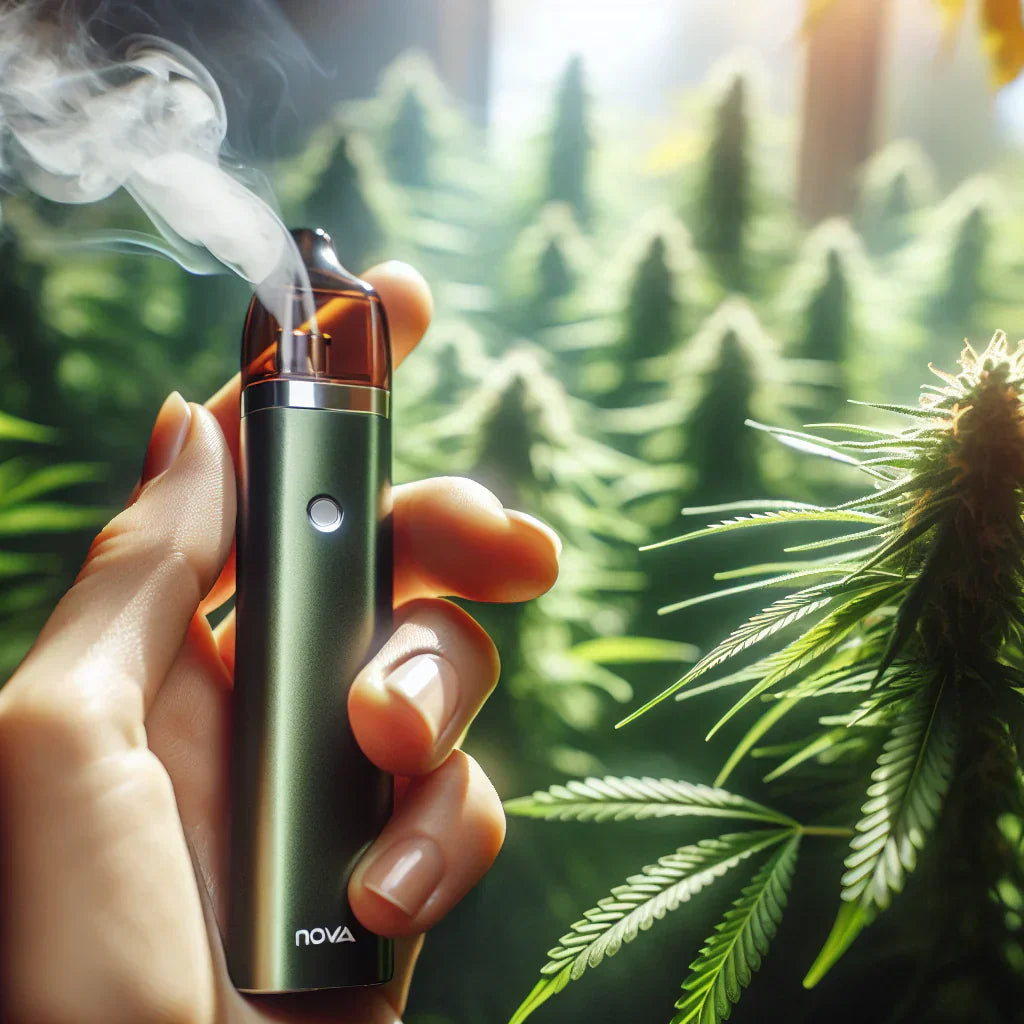 A close-up of a hand holding a sleek NOVA Hemp THCa vape pen as the individual is vaping THCa. In the background, lush cannabis plants are illuminated by sunlight, symbolizing the natural origins of the THCa disposable vape.