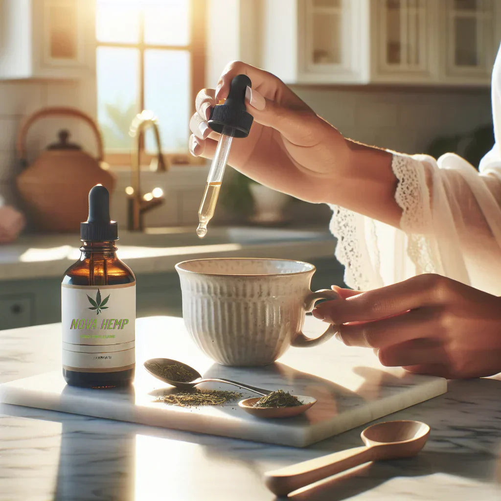A person in a clean, sunny kitchen learns how to use CBD tincture while using a dropper to add NOVA Hemp’s best CBD tincture to a teacup.