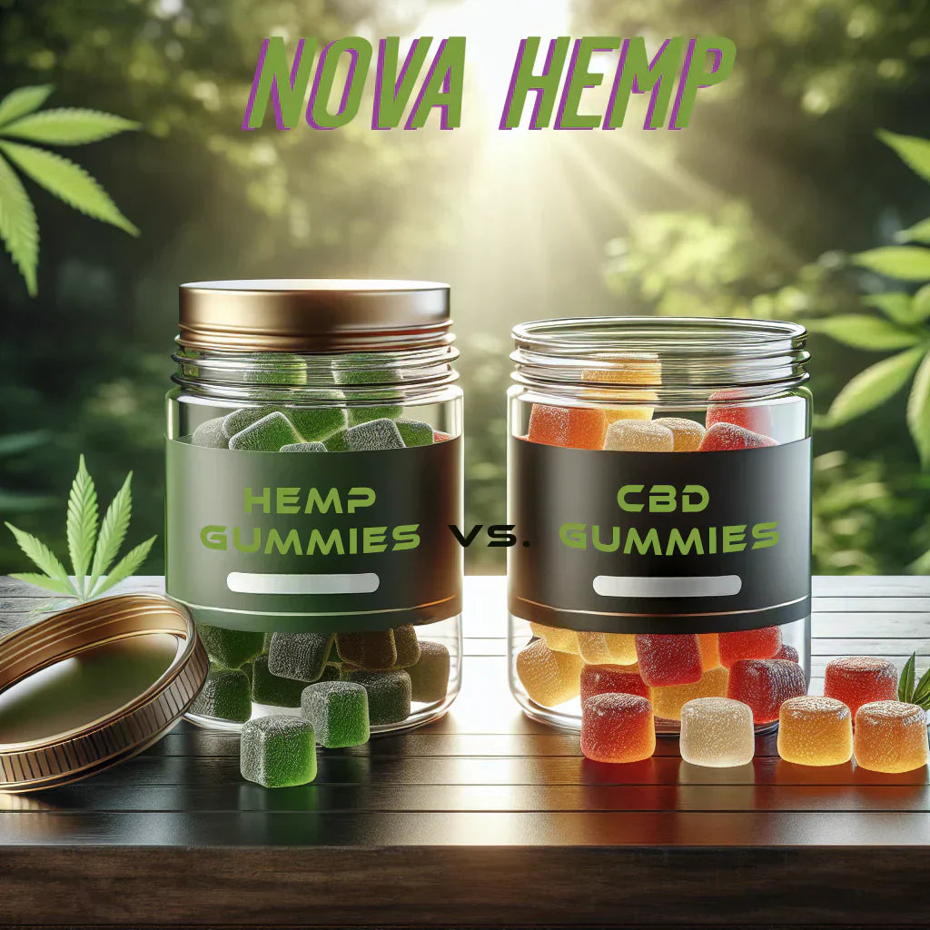 Two jars of NOVA Hemp legal CBD gummies and hemp gummies against a background of natural cannabis plants. Learn about the differences between hemp gummies vs cbd gummies in this blog from NOVA Hemp.