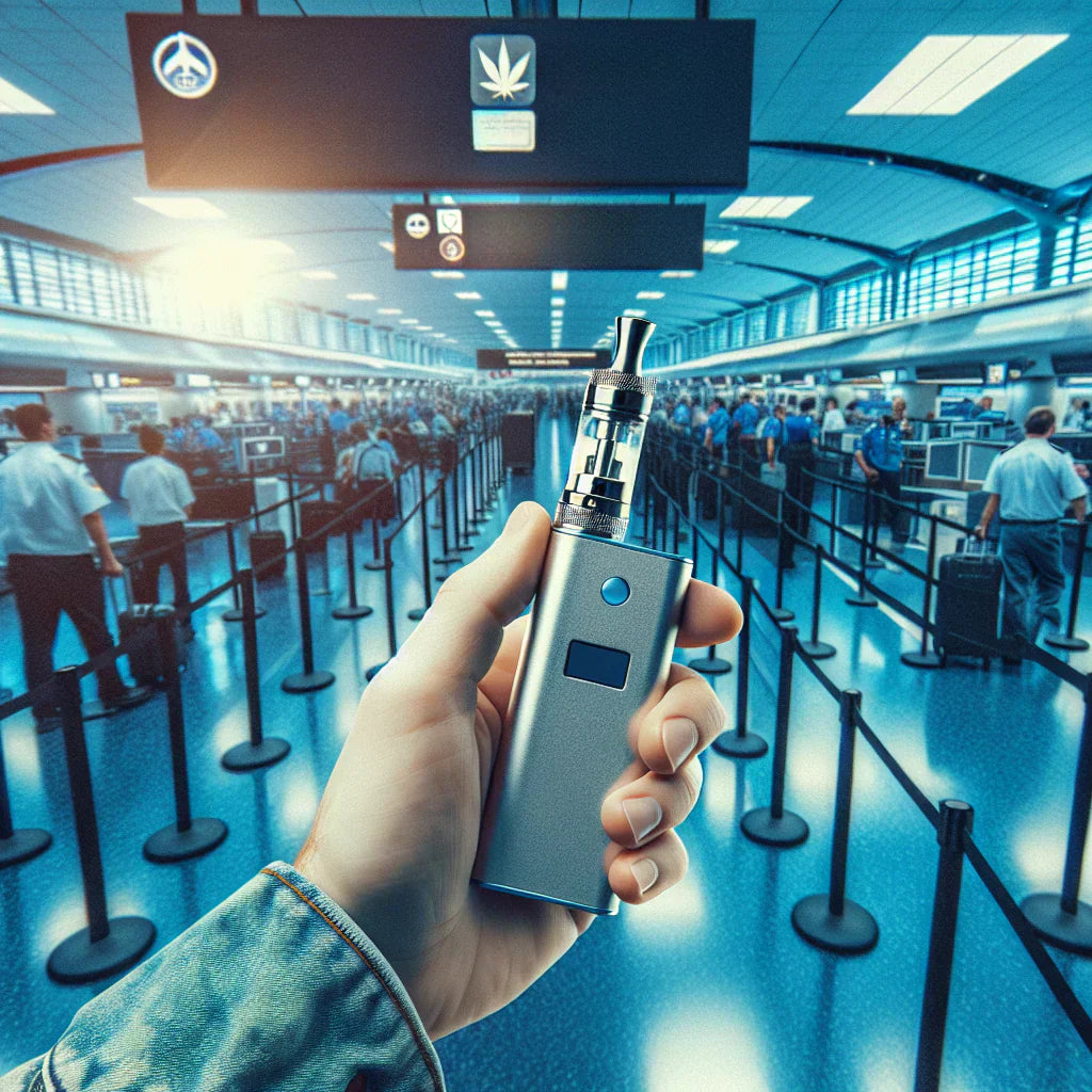 An individual traveling with a vape pen in a crowded airport. The individual is planning to bring a CBD vape pen on an airplane.