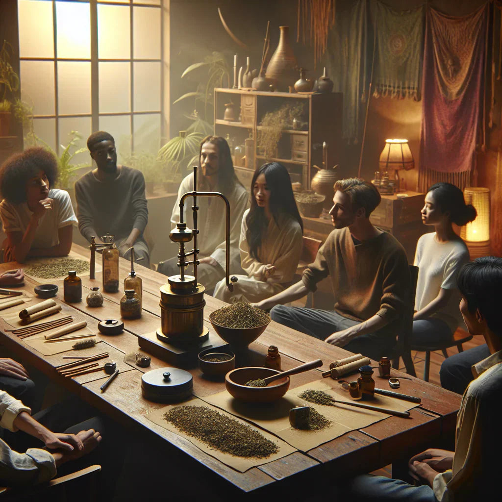 A group of people sitting around a table wondering how to smoke THCa flower. The group of friends is in a cozy room, trying to decide the best way to smoke THCa flower.