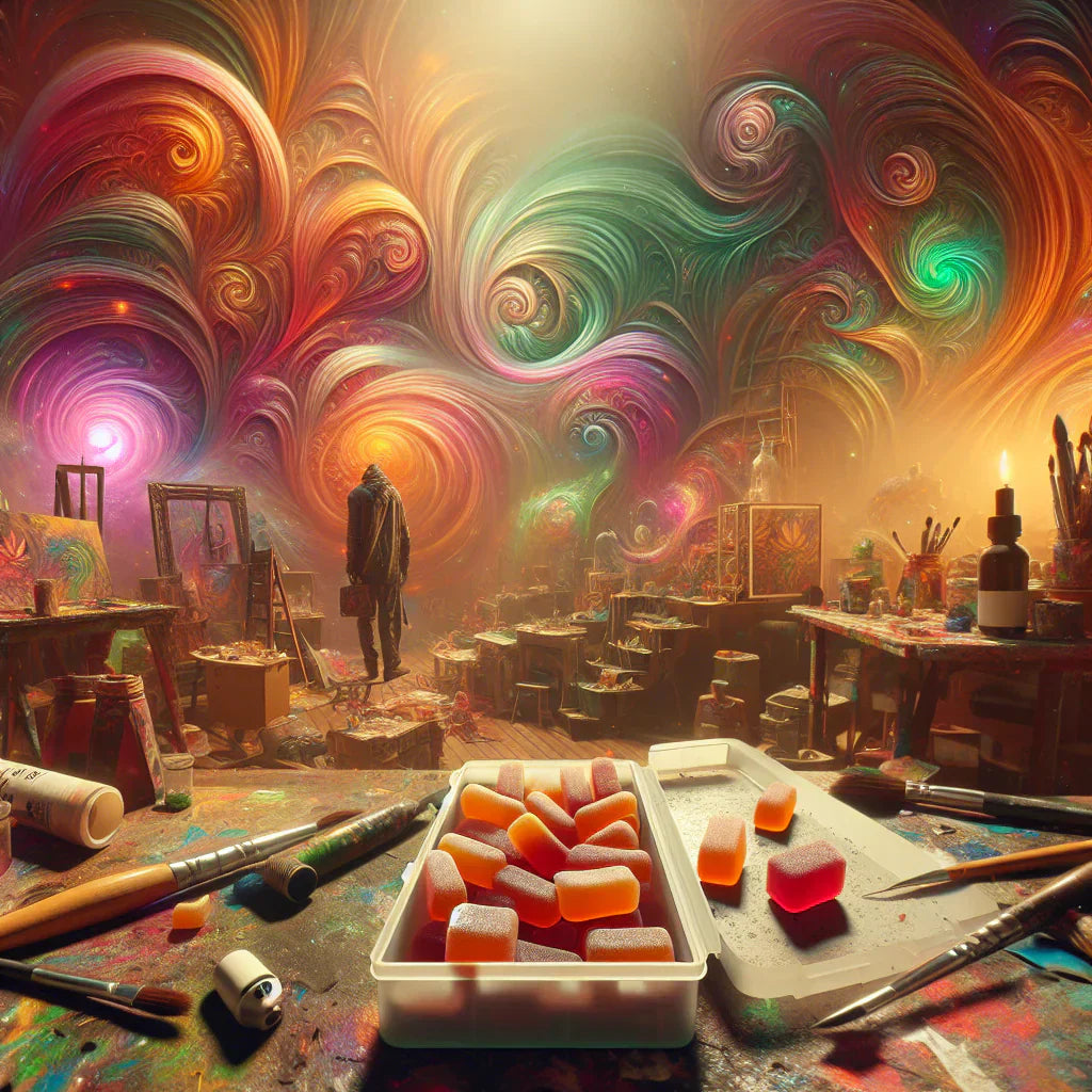 A psychedelic dreamscape featuring artist’s tools and a container of THC gummies, raising the question of whether THC helps with creativity.