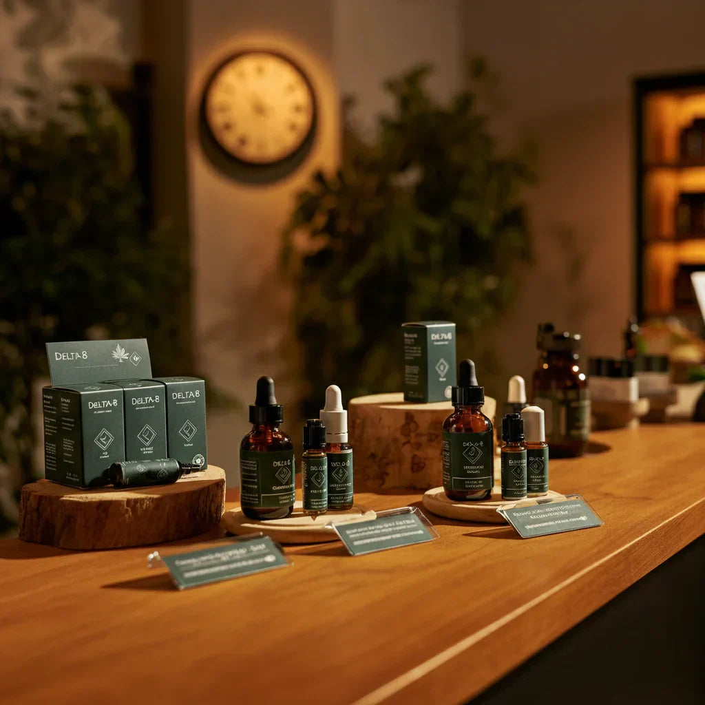 An image of a selection of high-quality Delta 8 products, including delta 8 vapes and delta 8 tinctures, in a calm dispensary. Find out how long Delta 8 lasts in this helpful blog from NOVA hemp, a supplier of the best Delta 8.