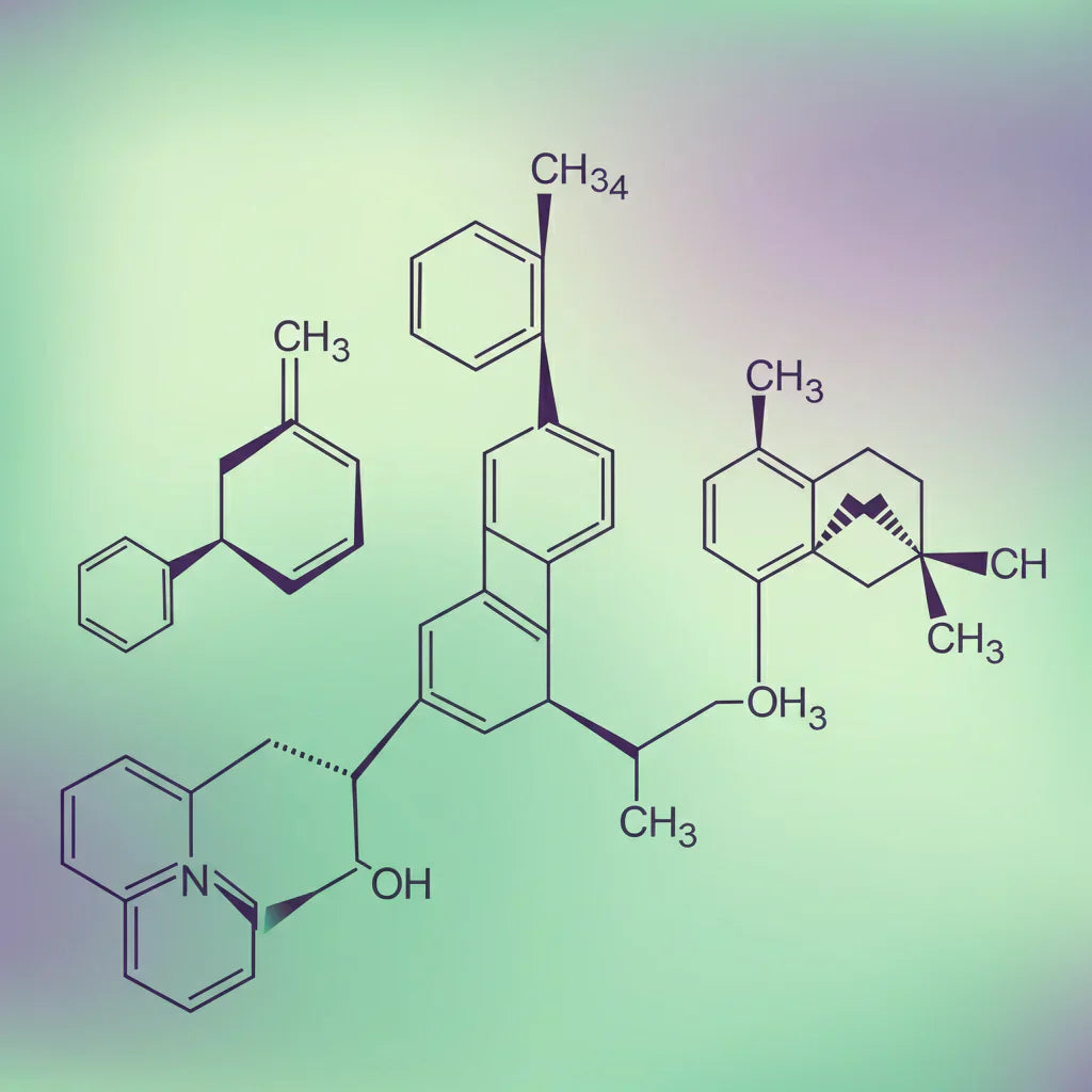 An image of a molecule diagram, representing the complex interrelationships at play in the entourage effects. Learn about broad spectrum vs full spectrum vs isolate products and how to get the entourage effect in this blog.