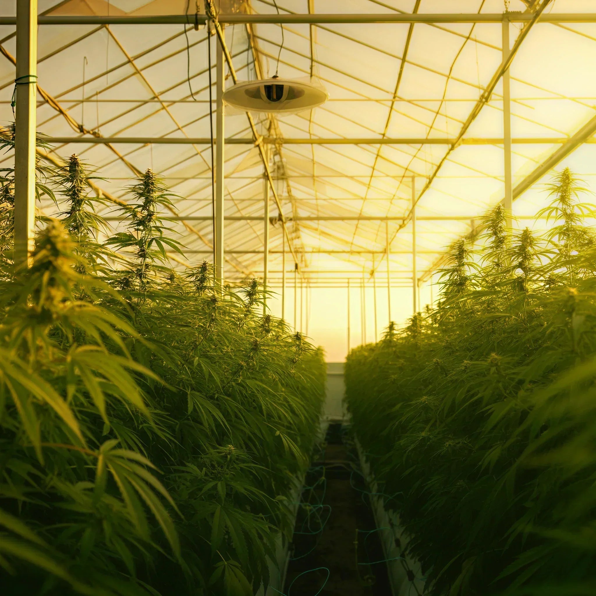 Rows of lush green cannabis plants in a sunlit greenhouse, with a warm golden hue from the translucent roof creating a serene, productive atmosphere.