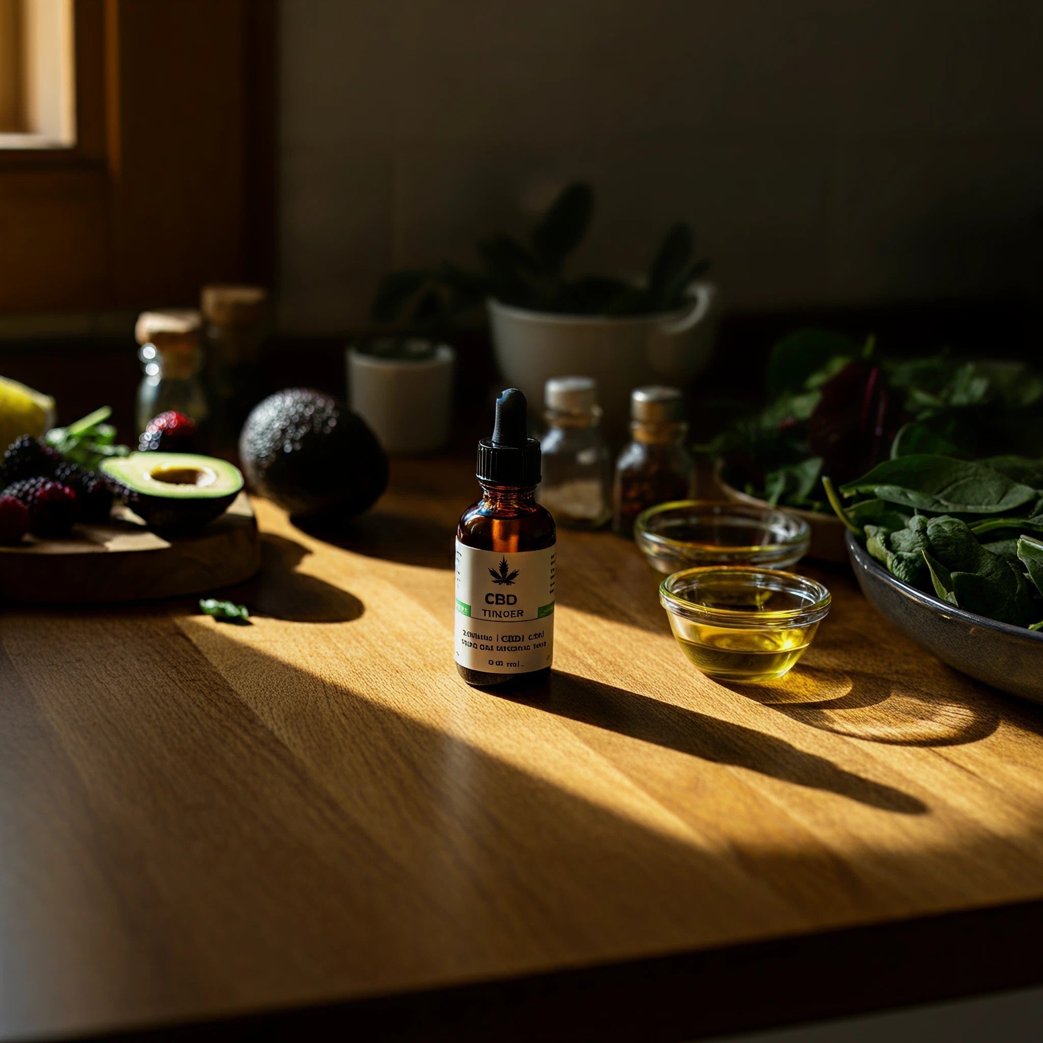 A bottle of CBD tincture on a wooden table surrounded by fruits, herbs, and oil containers.