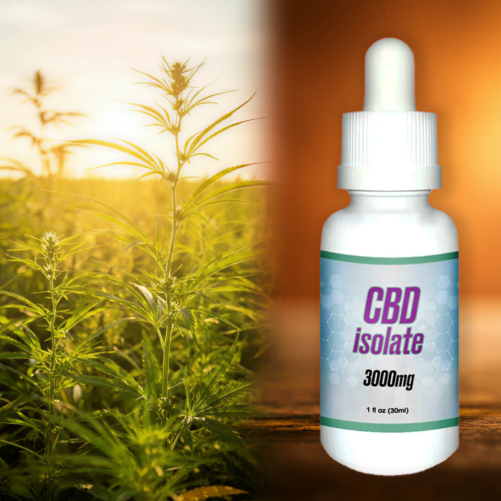 CBD isolate dropper bottle next to green hemp plants in sunlight.