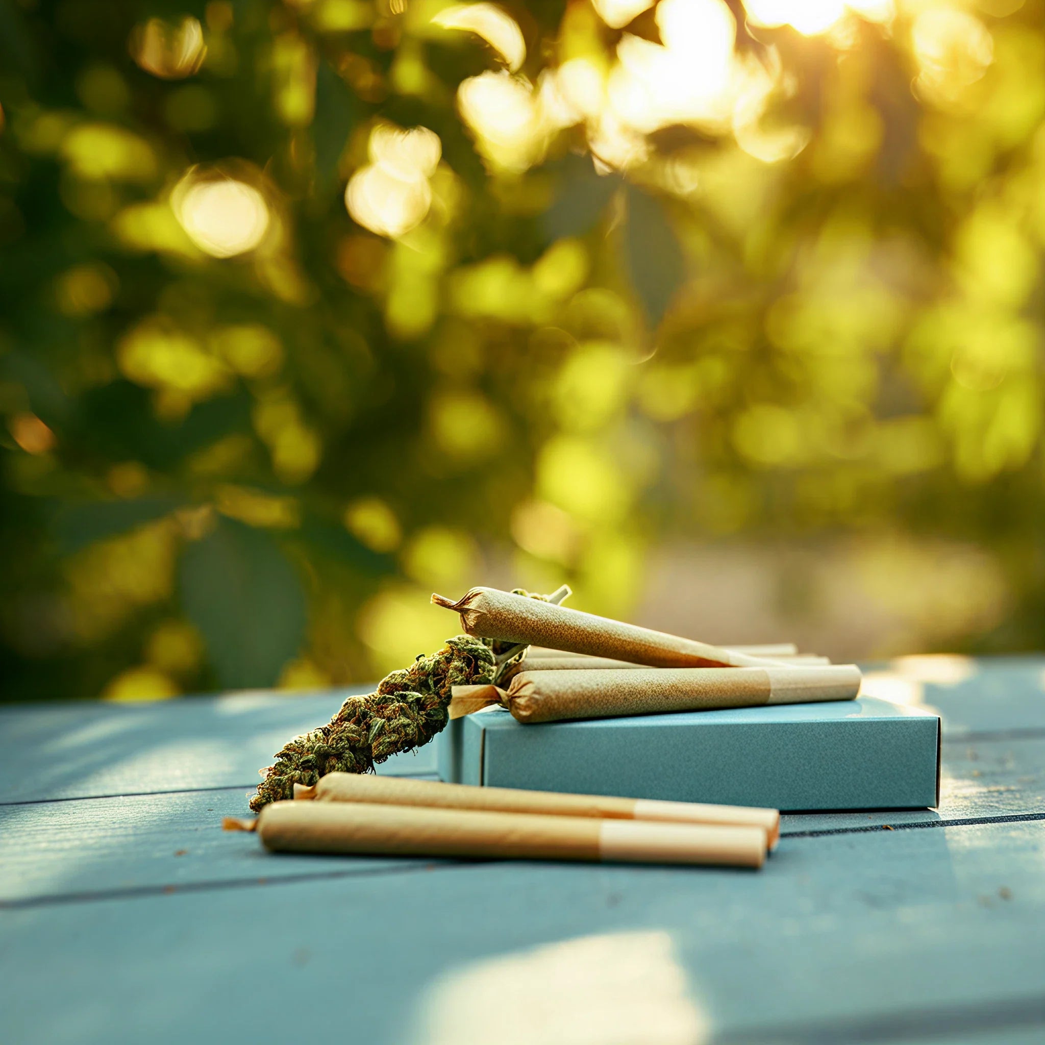 A close-up of rolled cannabis joints and a green box on a wooden table, with blurred greenery in the background.