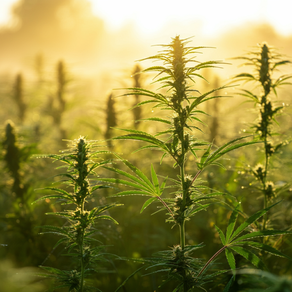 Tall green THCa cannabis plants glisten in the morning sunlight, surrounded by mist.