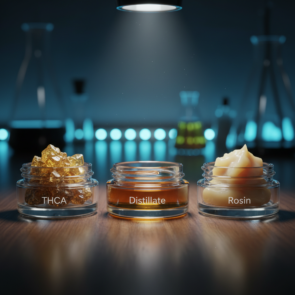 Three jars on a table: THCA crystals, amber distillate, and creamy rosin, with laboratory background.