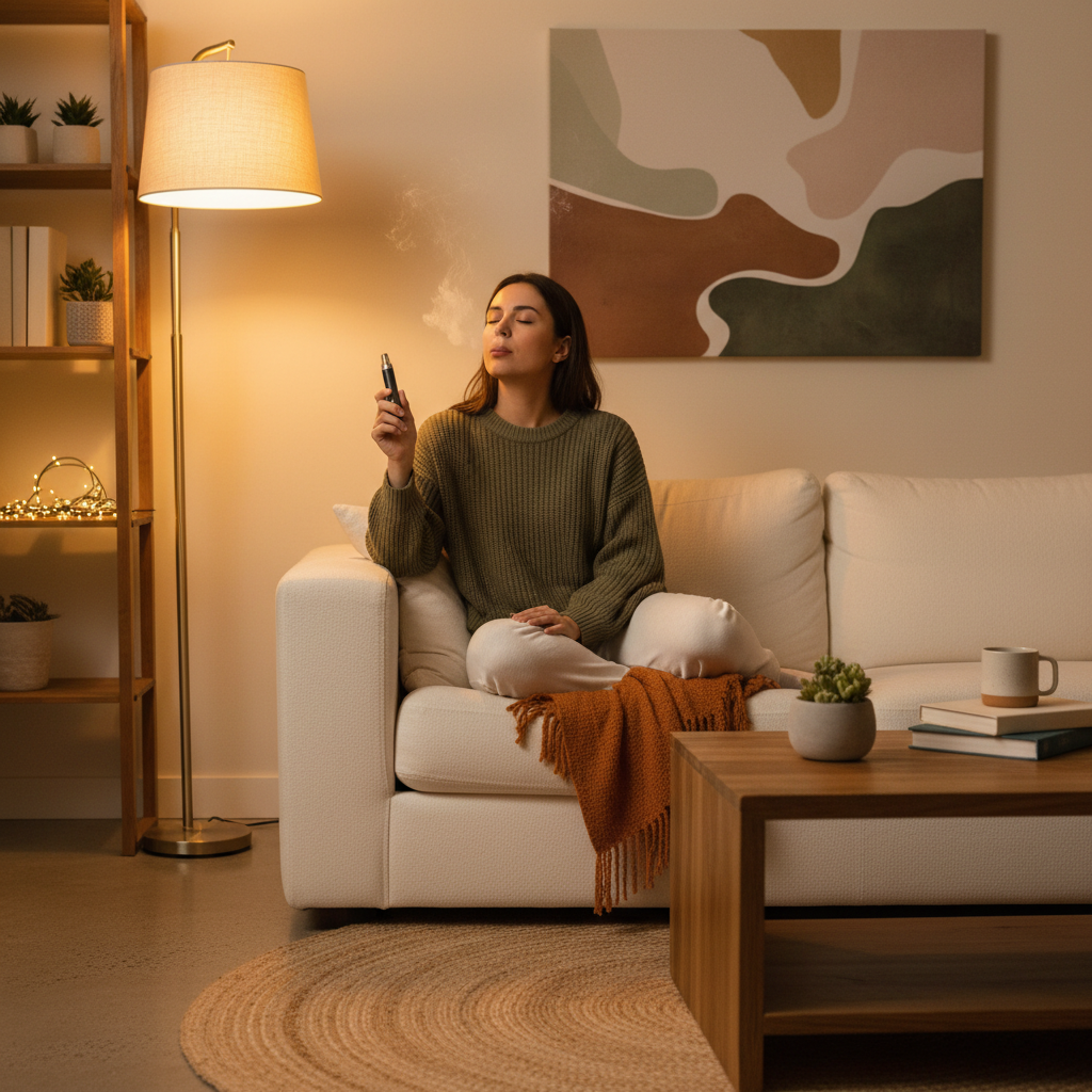 A woman sitting on a white couch, holding a vape pen and exhaling vapor, with a cozy room setting.