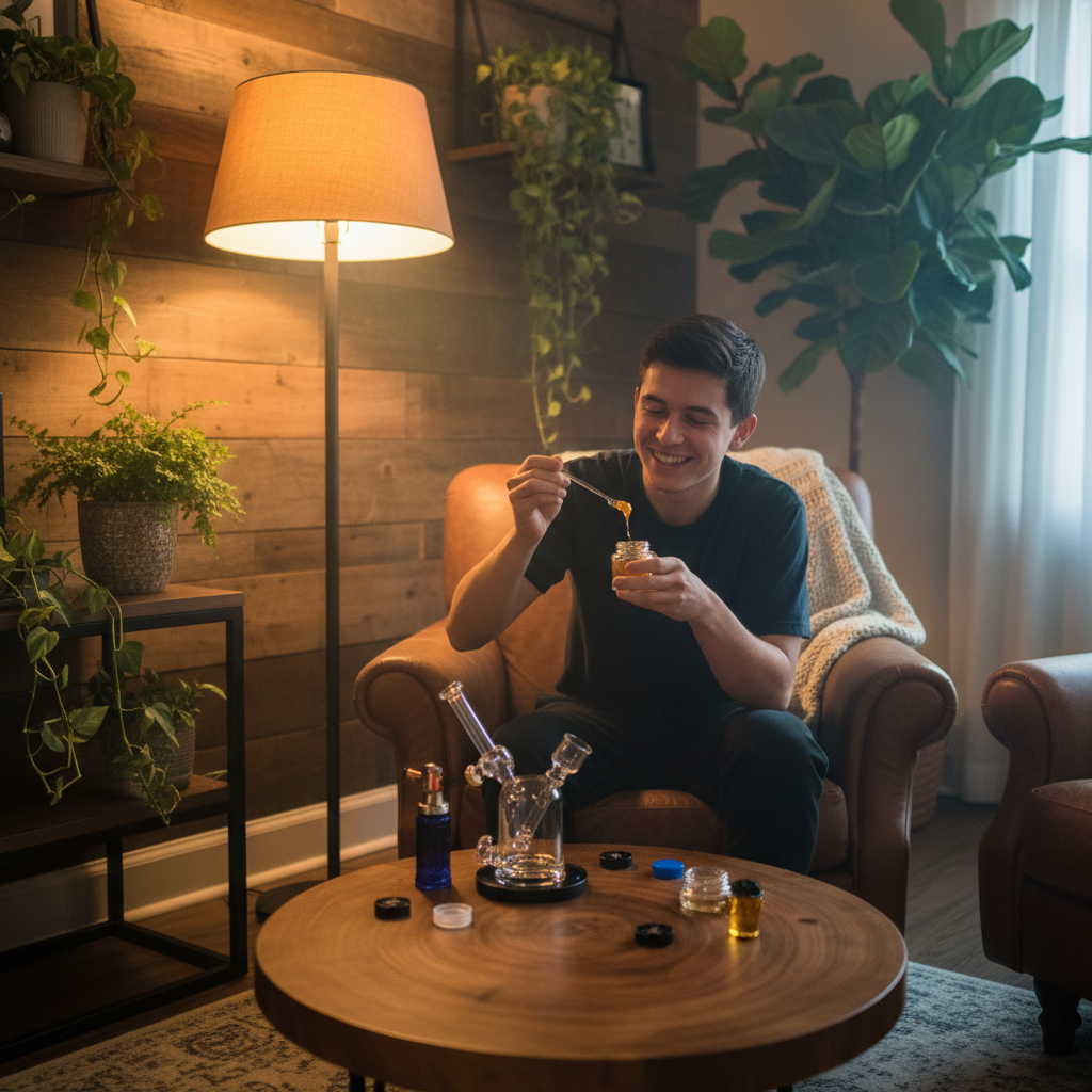 A young man sitting on a brown leather couch, smiling while holding a jar of golden substance with a small tool, surrounded by plants and a table with smoking accessories.