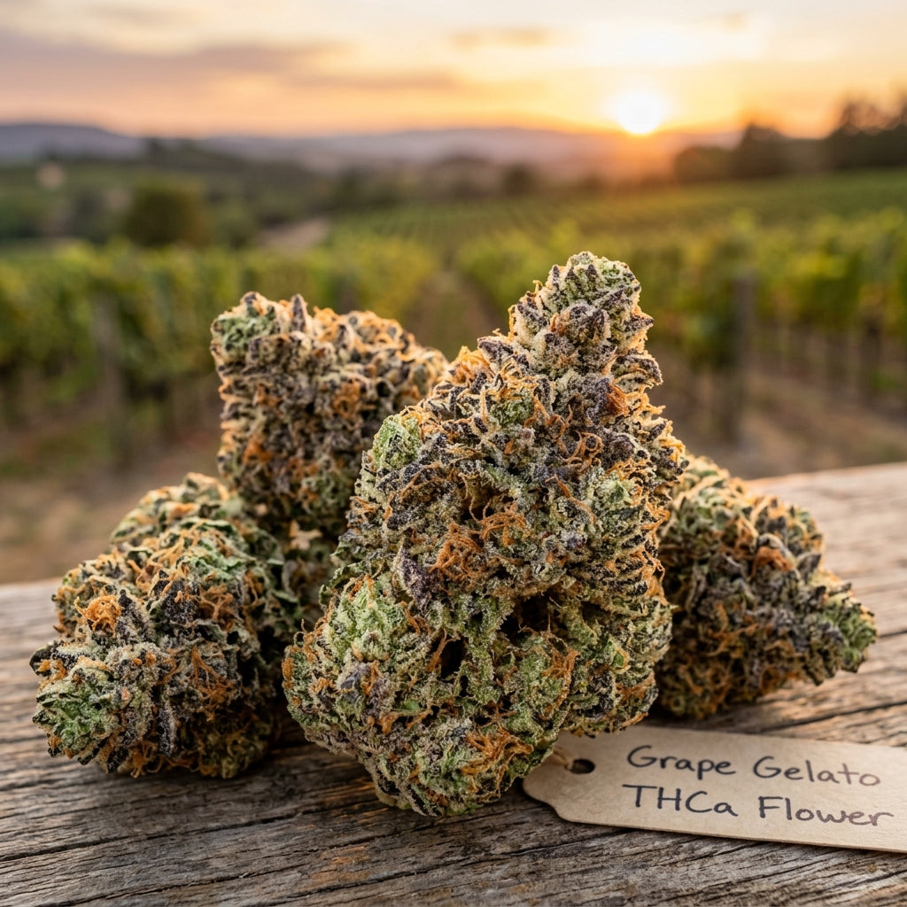 Four clusters of Grape Gelato THCa flower on a wooden table with vineyards in the background at sunset.