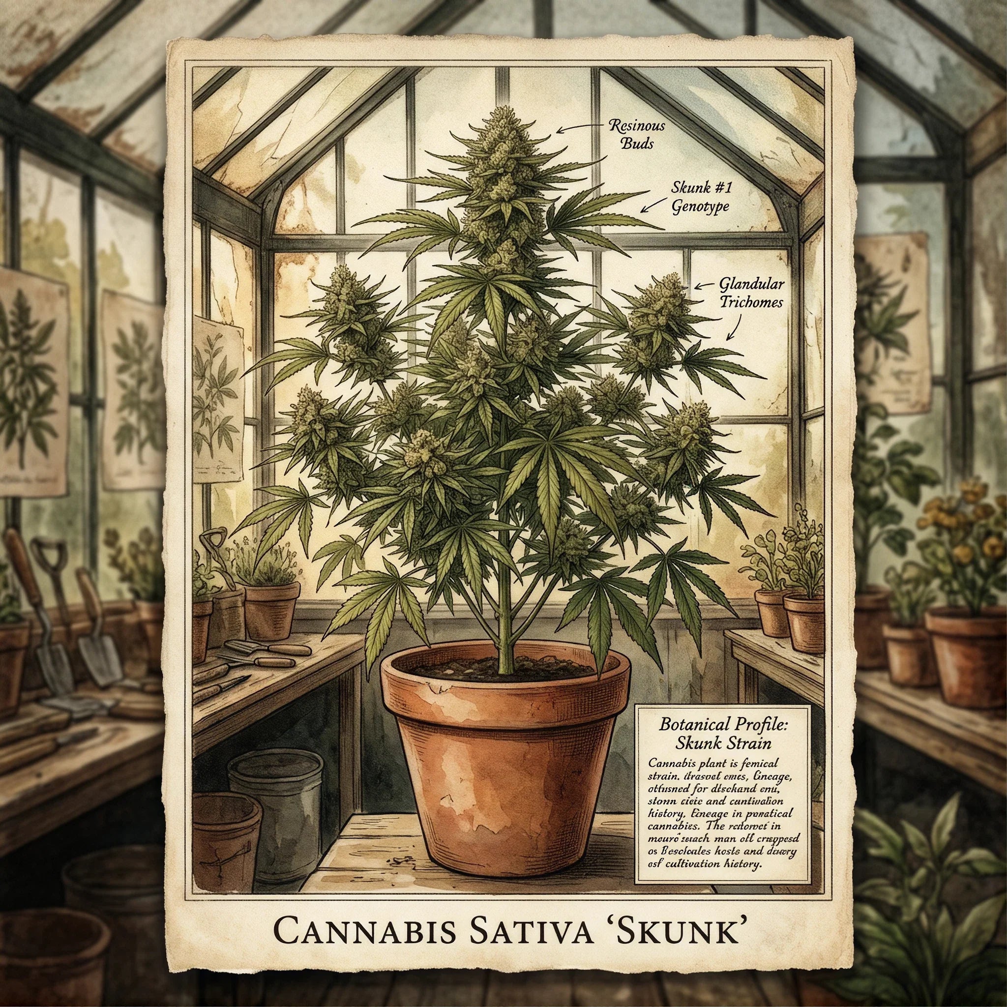 a drawing of the skunk cannabis plant and its buds