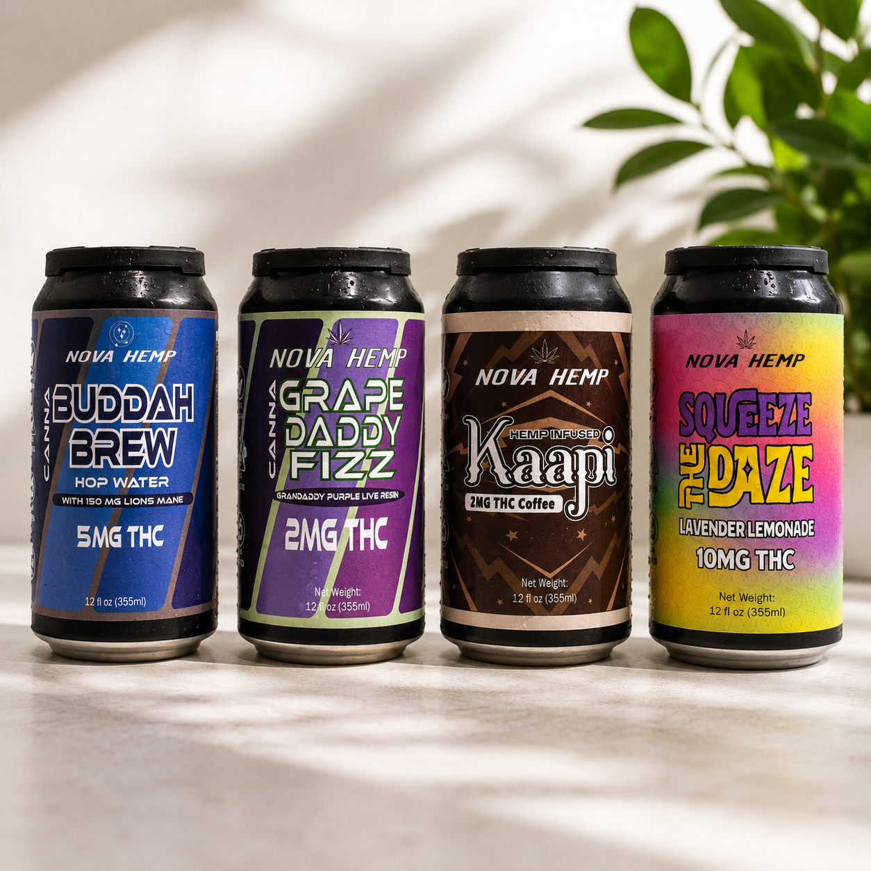 Four NoVa Hemp THC beverage cans arranged in a clean product lineup on a light surface with soft natural lighting and greenery in the background.