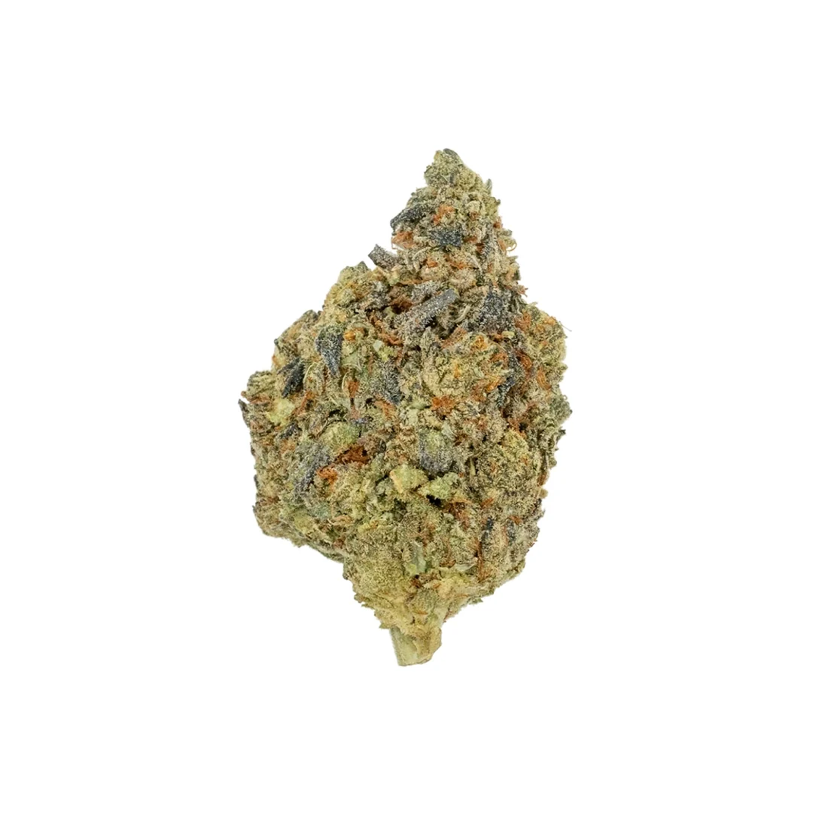 A large, frosty cannabis bud with green and orange hues, isolated on a white background.