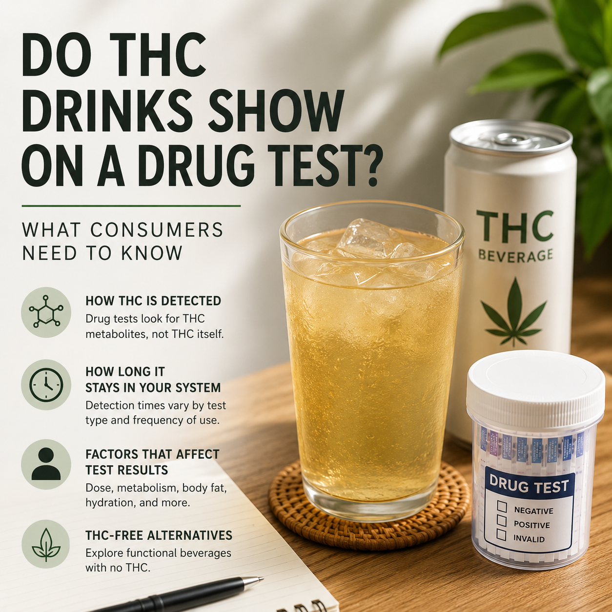 A clean educational graphic about THC drinks and drug testing, showing a glass of infused beverage, a THC drink can, and a drug test container alongside key information about THC detection times, factors that affect results, and THC-free alternatives.