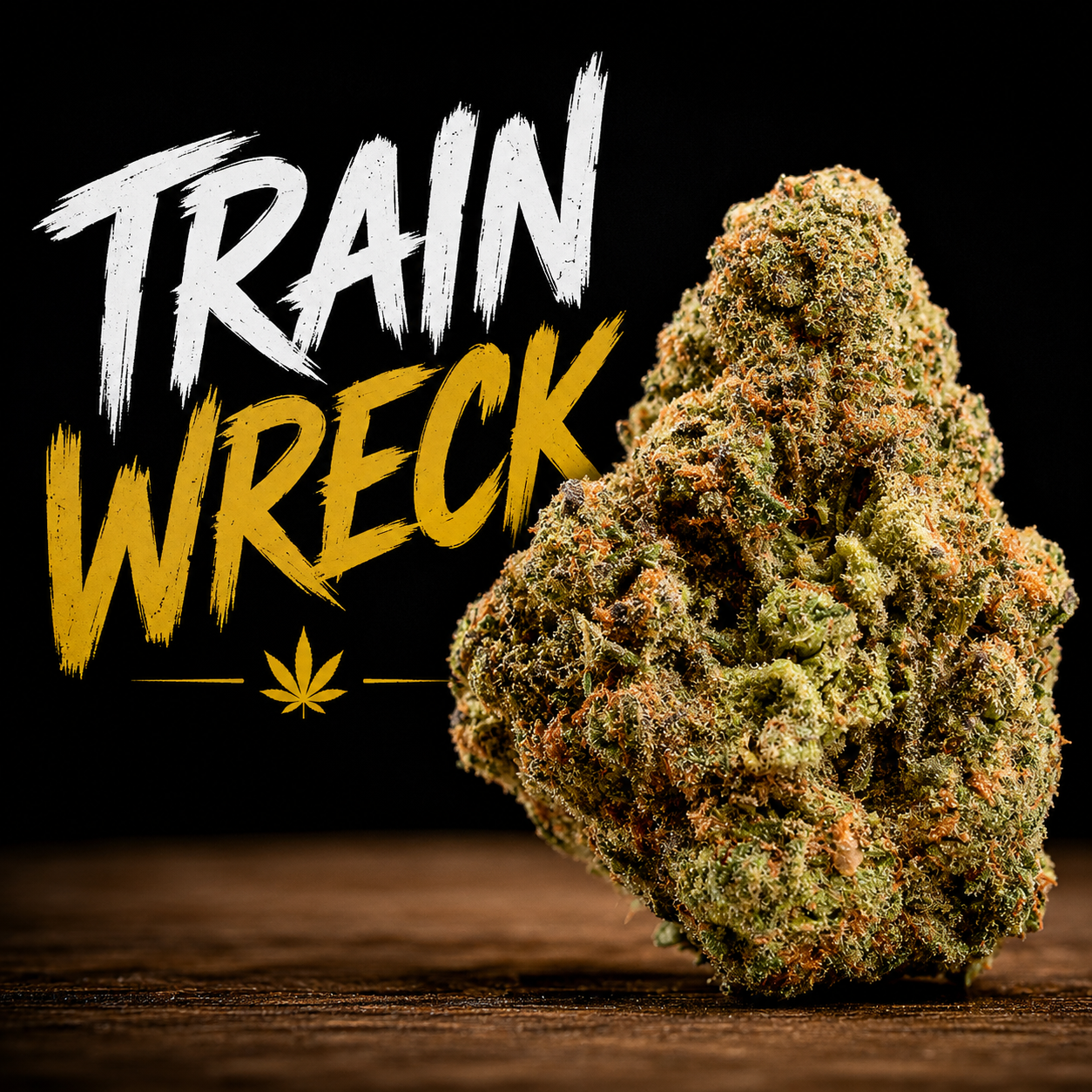 Trainwreck THCa cannabis flower featuring a dense, resin-coated bud with vibrant green and orange hues alongside bold Trainwreck strain artwork.