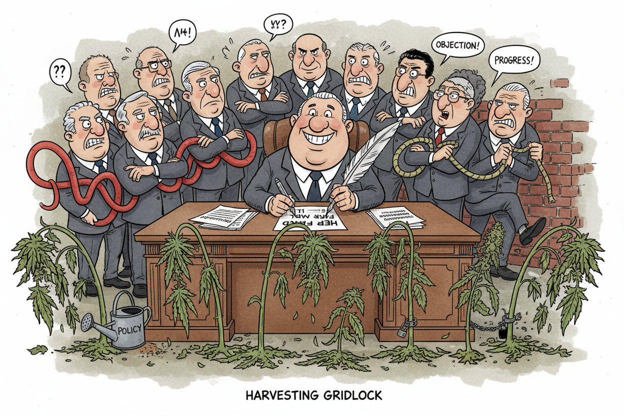 Cartoon showing lawmakers creating gridlock as hemp plants wilt, symbolizing the Federal Hemp Ban.
