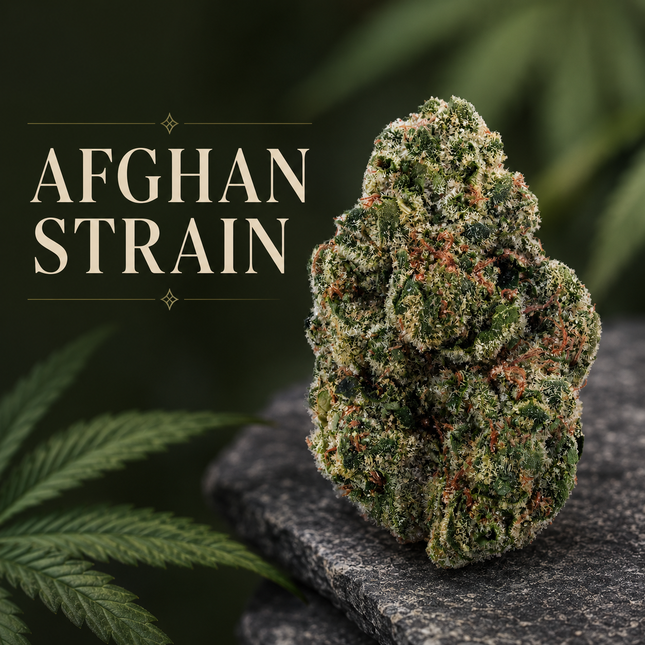 Premium Afghan THCa flower featuring frosty trichomes and classic landrace structure