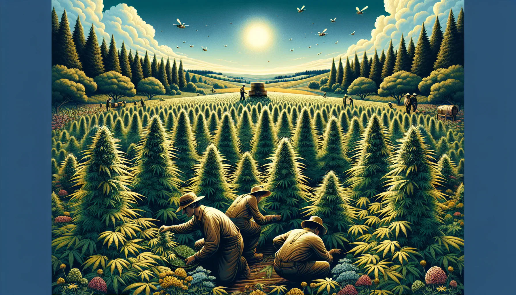 An illustration of a hemp farm like those that supply NOVA Hemp, the best place to buy CBG.
