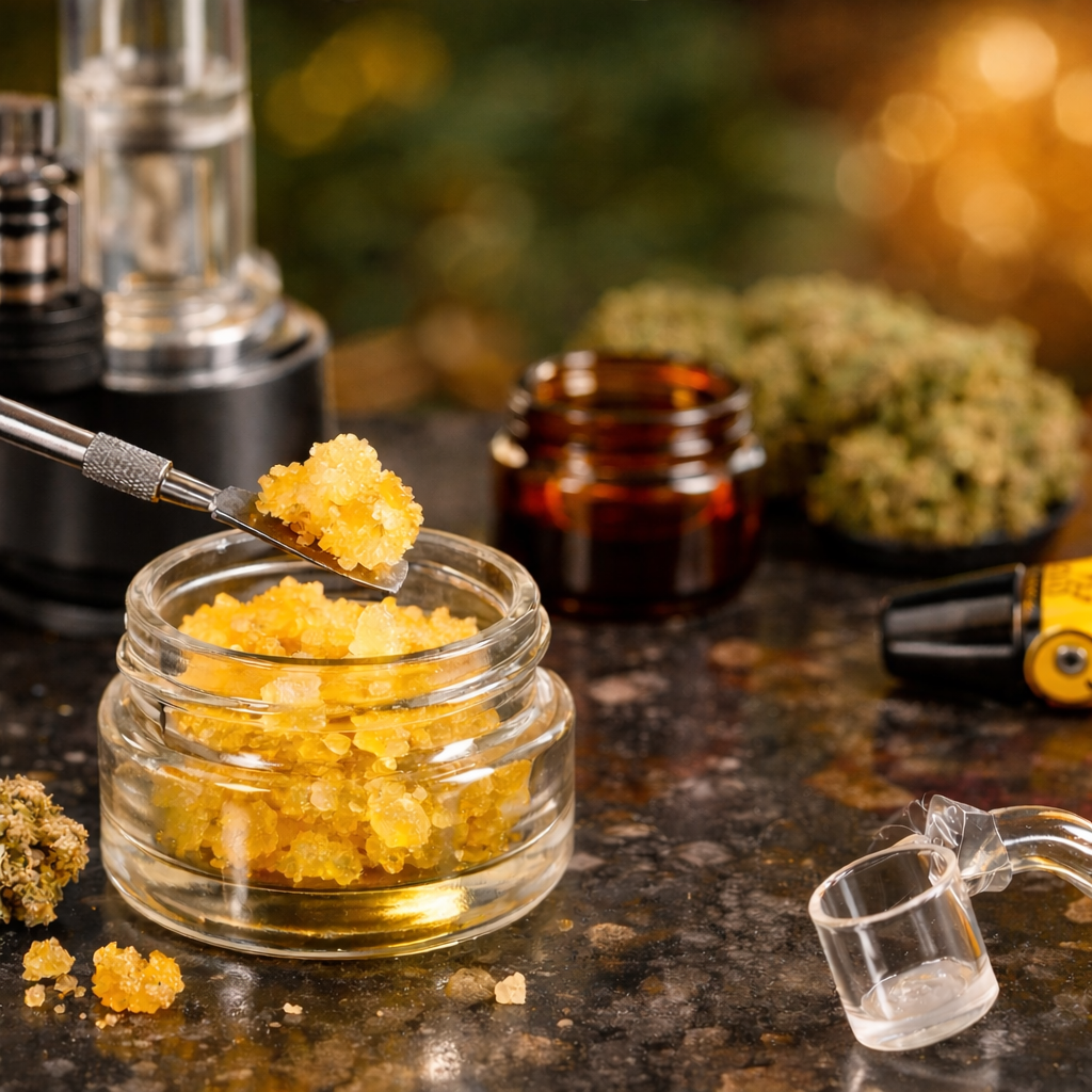 A glass jar filled with yellow cannabis extract and a metal tool, surrounded by cannabis buds and equipment.