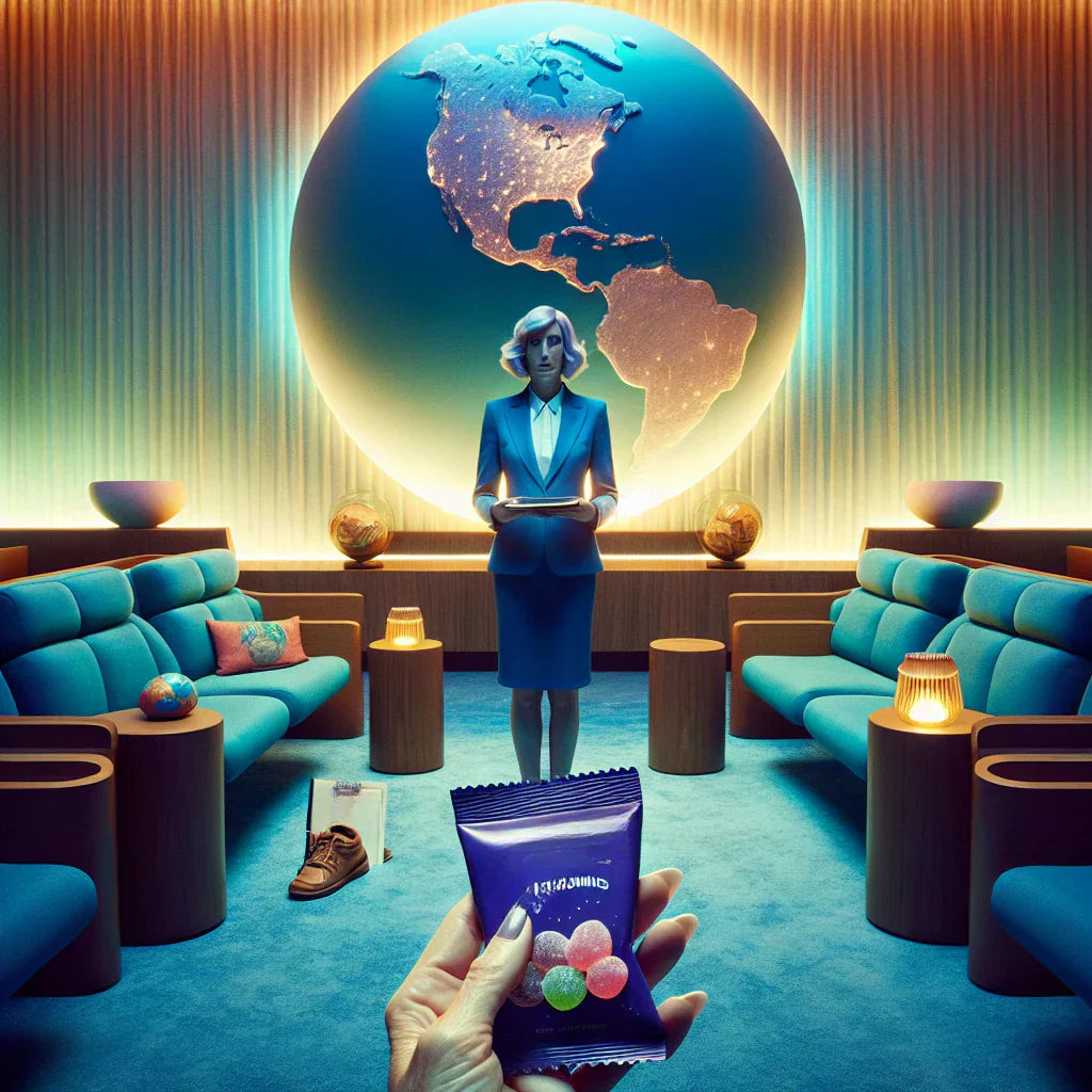 An image of two travelers in an airport lounge. They are traveling with THC and one person is holding a package of THC candy.