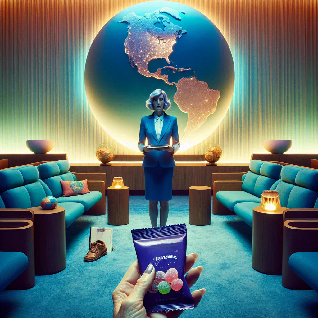 An image of two travelers in an airport lounge. They are traveling with THC and one person is holding a package of THC candy.