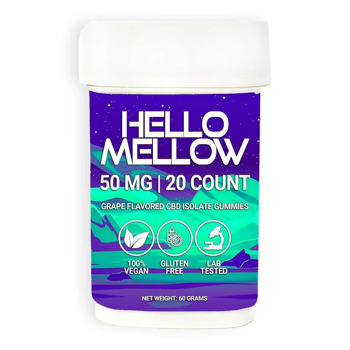 A container of Hellow Mellow CBD gummies without THC made by Nova Hemp. The CBD gummy container is white with a purple and teal label.