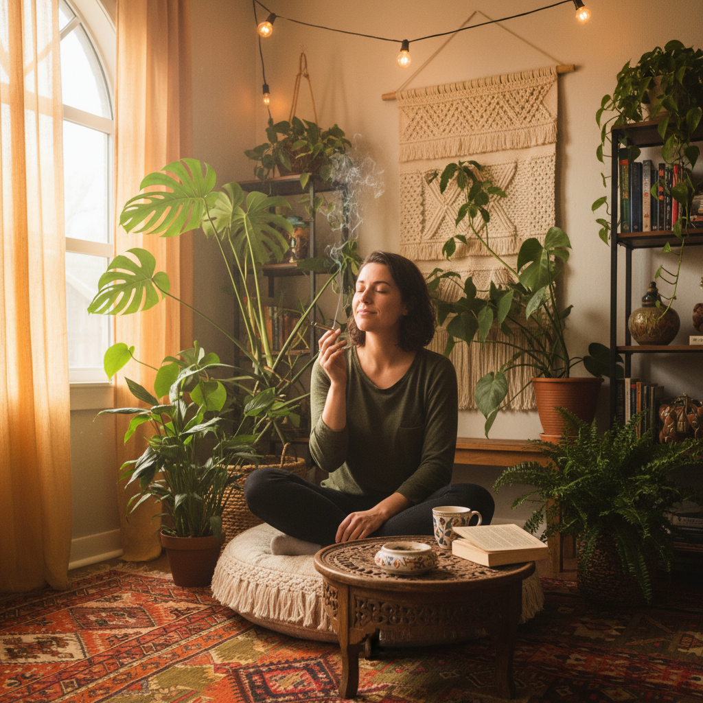 A woman sitting cross-legged on a cushioned seat, enjoying a thca smoke. Surrounded by lush plants and warm lighting.