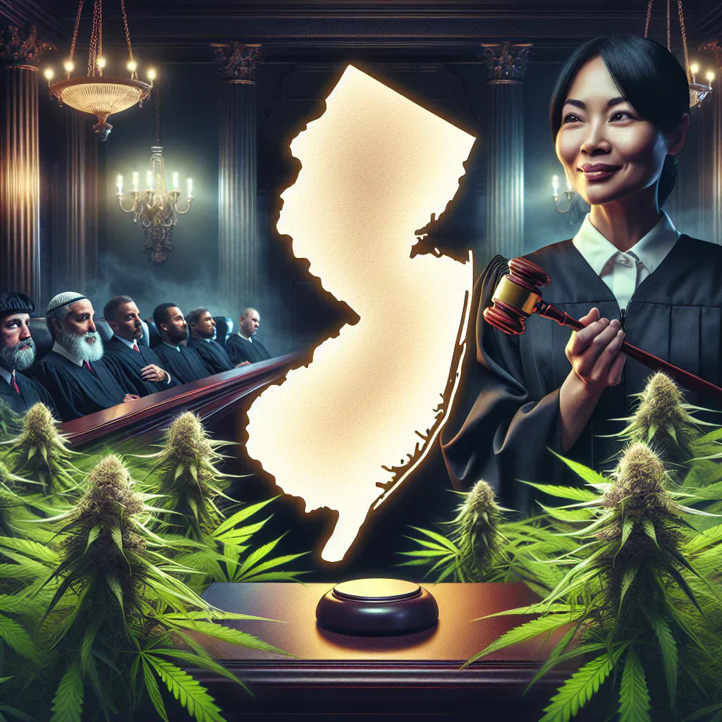 An image of a judge in a courtroom deciding that NJ citizens can order THC edibles online. There are hemp flowers and the outline of the state of New Jersey in the courtroom, symbolizing the discussion of New Jersey hemp laws.