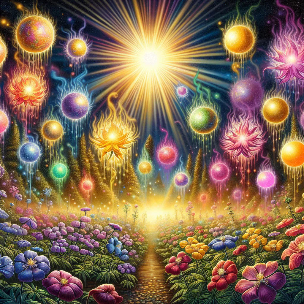 A colorful, fantastical landscape filled with flowers, symbolizing the powerful impact of the entourage effect on THCa flower benefits.