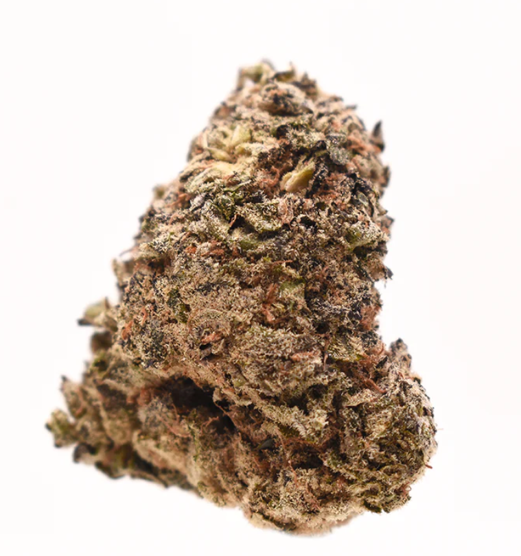Close-up of a frosty Panama Red THCa flower bud with earthy green and brown hues on a white background.