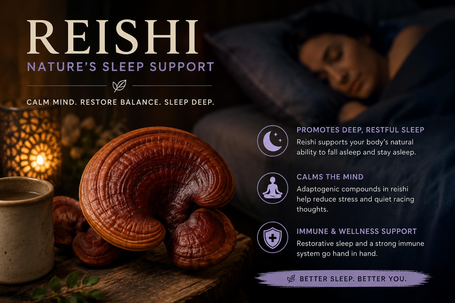 Reishi mushroom beside a warm herbal tea in a cozy bedroom with a sleeping person in the background, illustrating reishi's traditional use for relaxation and restful sleep.