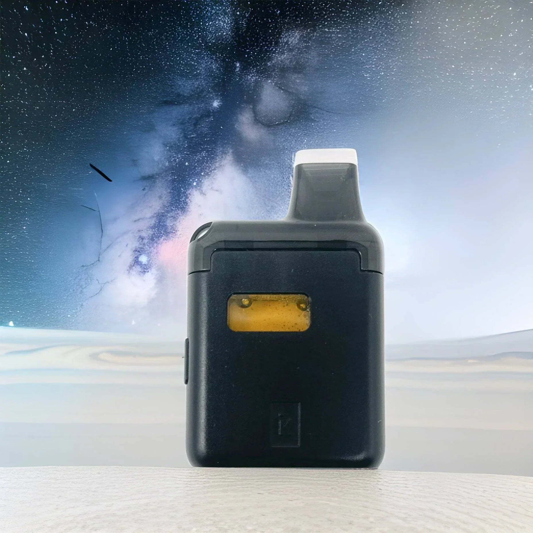 A small, black, square disposable live resin vape made by Nova Hemp against a background of a galaxy.