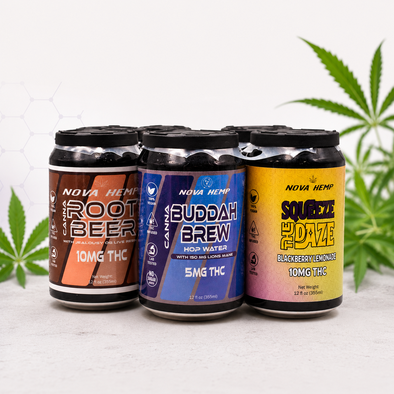 NOVA Hemp infused drinks featuring Root Beer, Buddah Brew Hop Water, and Squeeze the Daze Blackberry Lemonade