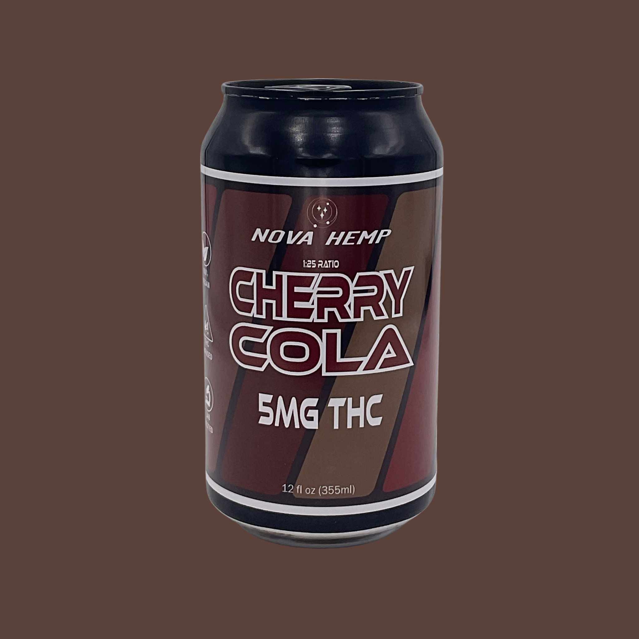 A can of Nova Hemp Cherry Cola with a brown backgroud