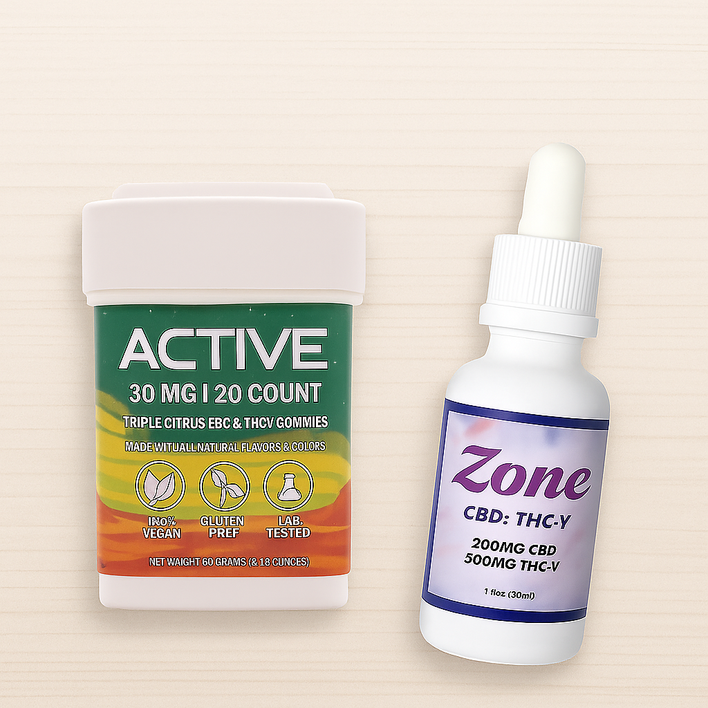 A container of ACTIVE triple citrus EBC & THCV gummies and a bottle of ZONE CBD oil with THC-V.