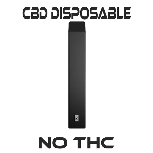 An image of a sleek black CBD disposable vape. The text on the image reads “CBD disposable, no THC,” and the vape contains CBD oil for vaping.