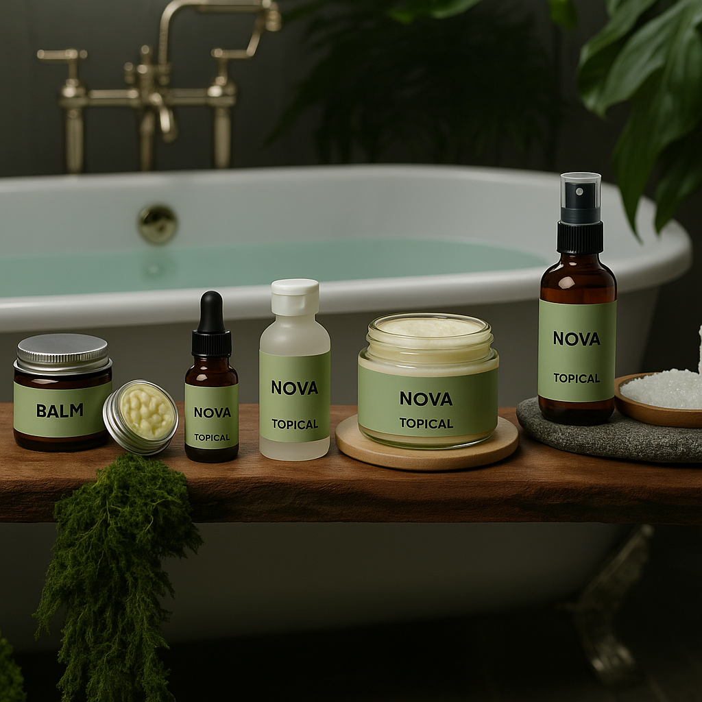 A display of NOVA topical skincare products including a balm, oils, and cream on a wooden shelf by a bathtub.
