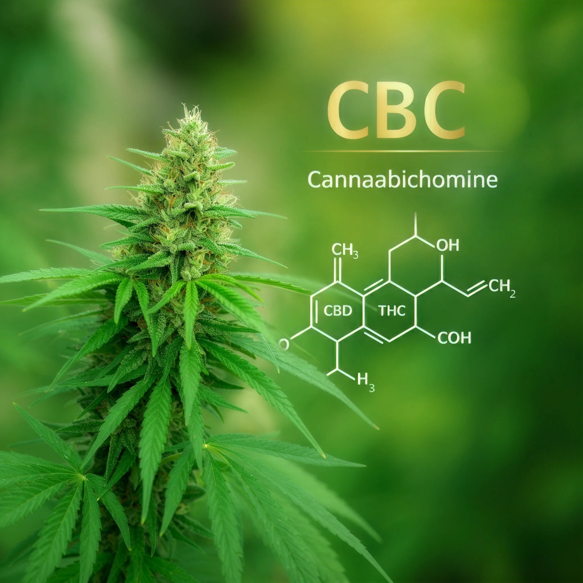 A cannabis plant with dense green buds and leaves, labeled with CBC and its chemical structure.