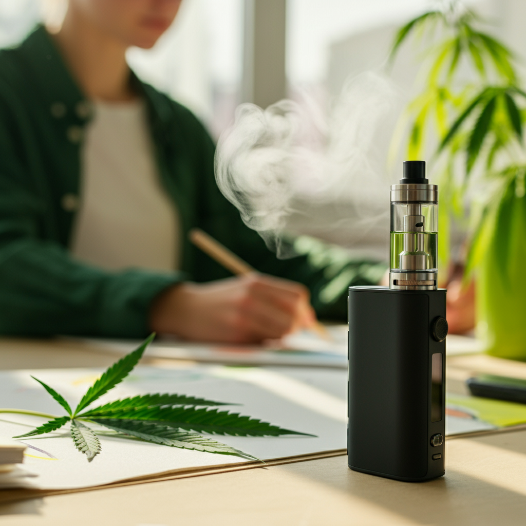 A black vape device with smoke, a cannabis leaf in front, and a person drawing in the background.